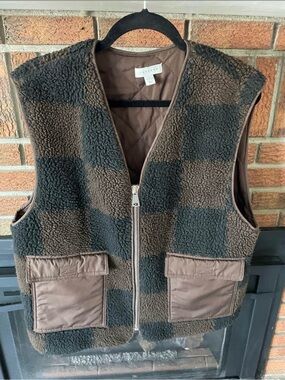 Sherpa Checkered Vest in Brown & Black by TopShop